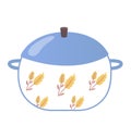 Blue cooking pot with lid and wheat pattern design. Kitchen utensil graphic. Home cooking and kitchenware vector