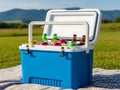 Blue cooler with drinks and snacks on picnic table in green field with mountain background Royalty Free Stock Photo