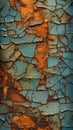 Closeup of blue copper paint peeling off a wall with a green plant in the background