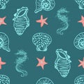 Blue and coral seahorse, starfish and seashell seamless pattern background