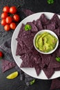 Blue corn Organic tortilla chips with Guacamole Royalty Free Stock Photo