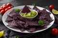 Blue corn Organic tortilla chips with Guacamole Royalty Free Stock Photo
