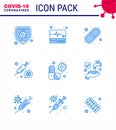 Coronavirus Prevention Set Icons. 9 Blue icon such as antivirus, vaccine, capsule, syring, coronavirus