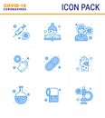 9 Blue Corona Virus pandemic vector illustrations medicine, capsule, headache, washing, hands