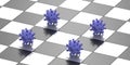 Blue coronavirus in a dinstance on a chessboard, 3d illustration