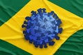 Blue coronavirus over brazilian flag. Covid-19 in Brazil related concepts