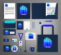 Blue corporate identity template with abstract house element. Business set stationery. Royalty Free Stock Photo