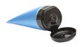 Blue cosmetic tube with cap open