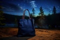 Blue cotton tote bag mockup template in rugged camping setting, starry night. Eco friendly totebag mock up. Reusable