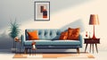 Blue Couch With Orange Pillows And A Vase Of Flowers On A Table Royalty Free Stock Photo