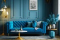 Blue couch sitting in living room next to table and chair. Generative AI Royalty Free Stock Photo