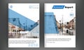 Blue cover set business brochure vector design. Leaflet advertising background with blured city. Modern magazine layout