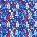 Blue craft Christmas seamless vintage wrapping paper with paper cutting angels, jingle bell, reindeer, gingerbread, candy, candle,