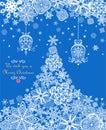 Blue craft greeting card for winter holiday with Christmas tree with handmade paper snowflakes and hanging paper cutting jingle be