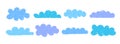 Blue crayon cloud shapes collection. Hand drawn doodle set. Rough scribbled clouds bundle. Childish textured sketch Royalty Free Stock Photo