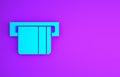 Blue Credit card inserted in card reader icon isolated on purple background. ATM cash machine. Minimalism concept. 3d illustration Royalty Free Stock Photo