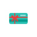 Blue credit debit card with red bow and ribbon. Gift card icon. Bank present sign. Vector flat icon isolated Royalty Free Stock Photo