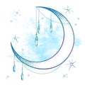 Blue crescent moon with moonstone gem pendants and stars vector illustration. Hand drawn boho style art print poster design, astro