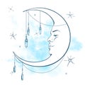 Blue crescent moon with moonstone pendants and stars vector illustration Royalty Free Stock Photo