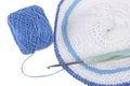 Blue crochet napkin with thread ball isolated Royalty Free Stock Photo