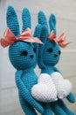 A blue crocheted banny rabbit is reflected in the mirror