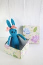 A blue crocheted banny rabbit sits in the gift box on a white background