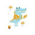 Blue Crocodile In Jacket Holding Oak Leaf Smiling In Autumn Standing Upright Humanized Animal Character Illustration In