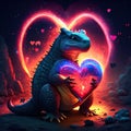 Komodo Dragon hugging heart Blue crocodile with red heart on dark background. 3D rendering AI Generated animal ai