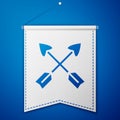 Blue Crossed arrows icon isolated on blue background. White pennant template. Vector