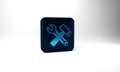 Blue Crossed hammer and wrench spanner icon isolated on grey background. Hardware tools. Blue square button. 3d