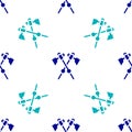 Blue Crossed medieval axes icon isolated seamless pattern on white background. Battle axe, executioner axe. Medieval