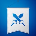 Blue Crossed medieval sword icon isolated on blue background. Medieval weapon. White pennant template. Vector