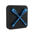 Blue Crossed paddle icon isolated on transparent background. Paddle boat oars. Black square button.