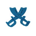 Blue Crossed pirate swords icon isolated on transparent background. Sabre sign.