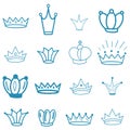 Blue Crowns. Tiara. Diadem Sketch crown. Hand drawn queen tiara, king crown. Royal imperial coronation symbols, monarch majestic