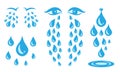 Blue cry cartoon tears icon or sweat drops from eyes