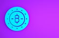 Blue Cryptocurrency coin Bitcoin icon isolated on purple background. Physical bit coin. Blockchain based secure crypto currency. Royalty Free Stock Photo