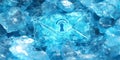 Blue crystal envelope locked in ice, symbolizing secure communication, frozen data, and cutting edge encrypted messaging in a u