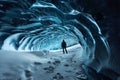 Blue crystal ice cave entrance with tourist climber and an underground river beneath the glacier located in the Royalty Free Stock Photo