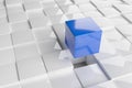 Blue cube in above floor of white cubes, software module, teamwork or standing out from the crowd leadership concept Royalty Free Stock Photo