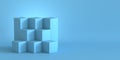 Blue cube boxes with blank wall background. 3D rendering.