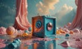 blue cube with circular window and pink curtain stands amidst surreal landscape pink and blue objects, with blue sky