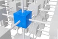 Blue cube in network grid of white cubes over white background - software module, teamwork or standing out from the crowd Royalty Free Stock Photo