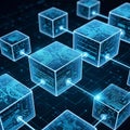 Blue cubes connected by glowing lines symbolizing nodes in a Royalty Free Stock Photo
