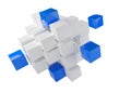 Blue cubes from heap of white cubes over white background - software module, teamwork or standing out from the crowd leadership Royalty Free Stock Photo