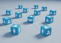 Blue cubes with people icons connected by lines network connection communication Royalty Free Stock Photo