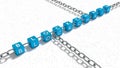 Blue cubes with the word blockchain linked with metal chains on