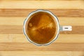 Cup with black coffee on bamboo table. Top view Royalty Free Stock Photo