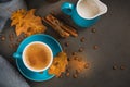 Blue cup of coffee with coffee beans and autumnal dry leaves Royalty Free Stock Photo