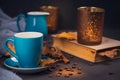 Blue cup of coffee with coffee beans and autumnal dry leaves Royalty Free Stock Photo